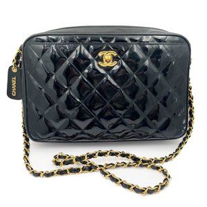 Chanel Vintage Black Patent Leather Large Camera Cross Body Bag